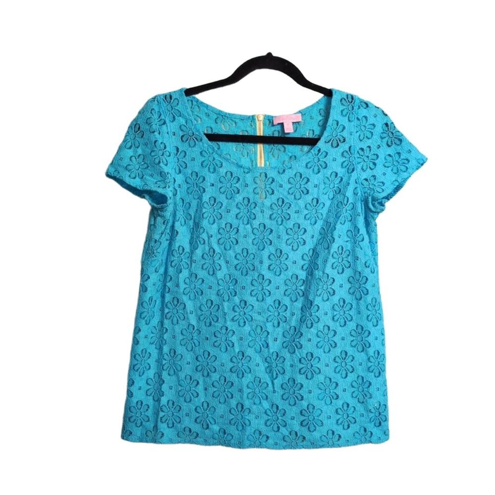 Lilly Pulitzer Poppy Lace Top Turquoise Floral Eyelet Short Sleeve Resort M
